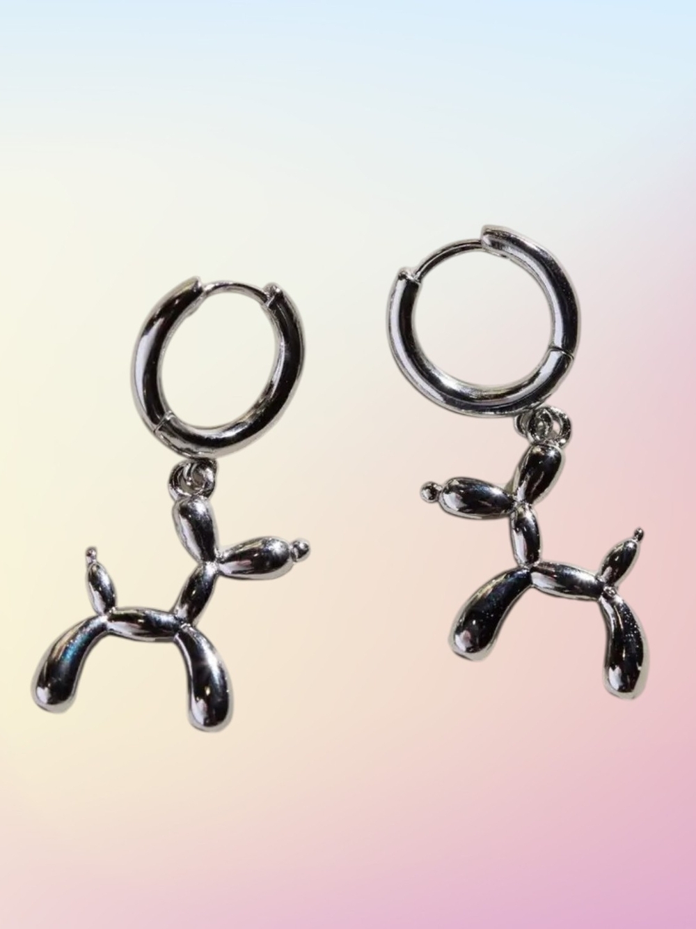 Silver Balloon Weiner Dog Huggie Hoop Dangle Earrings